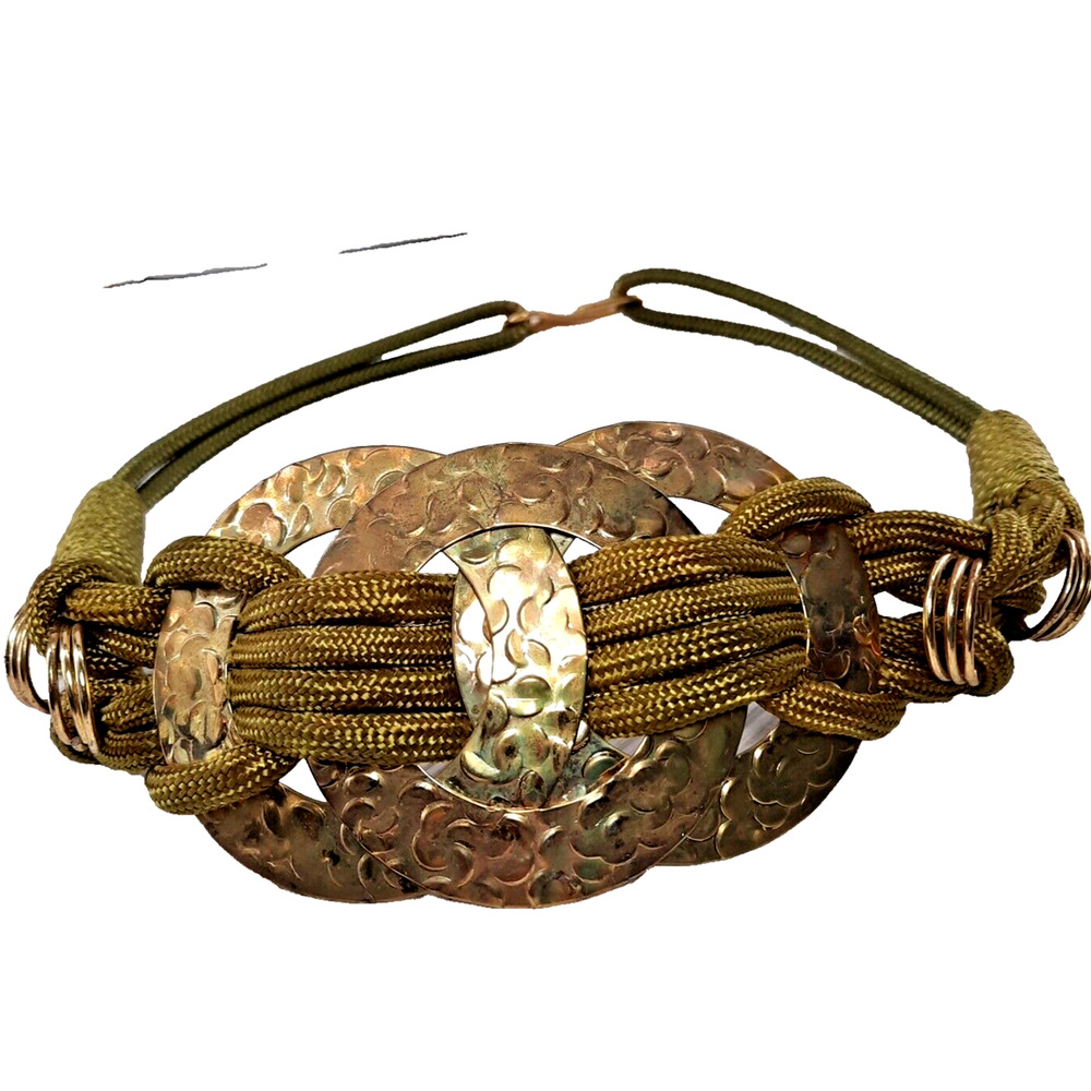 Vintage 80s Macrame Hammered Brass Medallion Belt Small Green 29 in Boho Chic